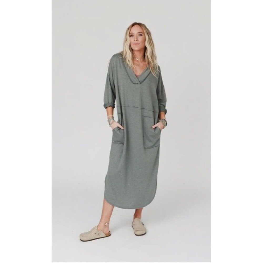 Three Bird Nest Meadow Maxi Dress XL Sage Green Long Sleeve Slouchy Boho USA - Picture 2 of 8